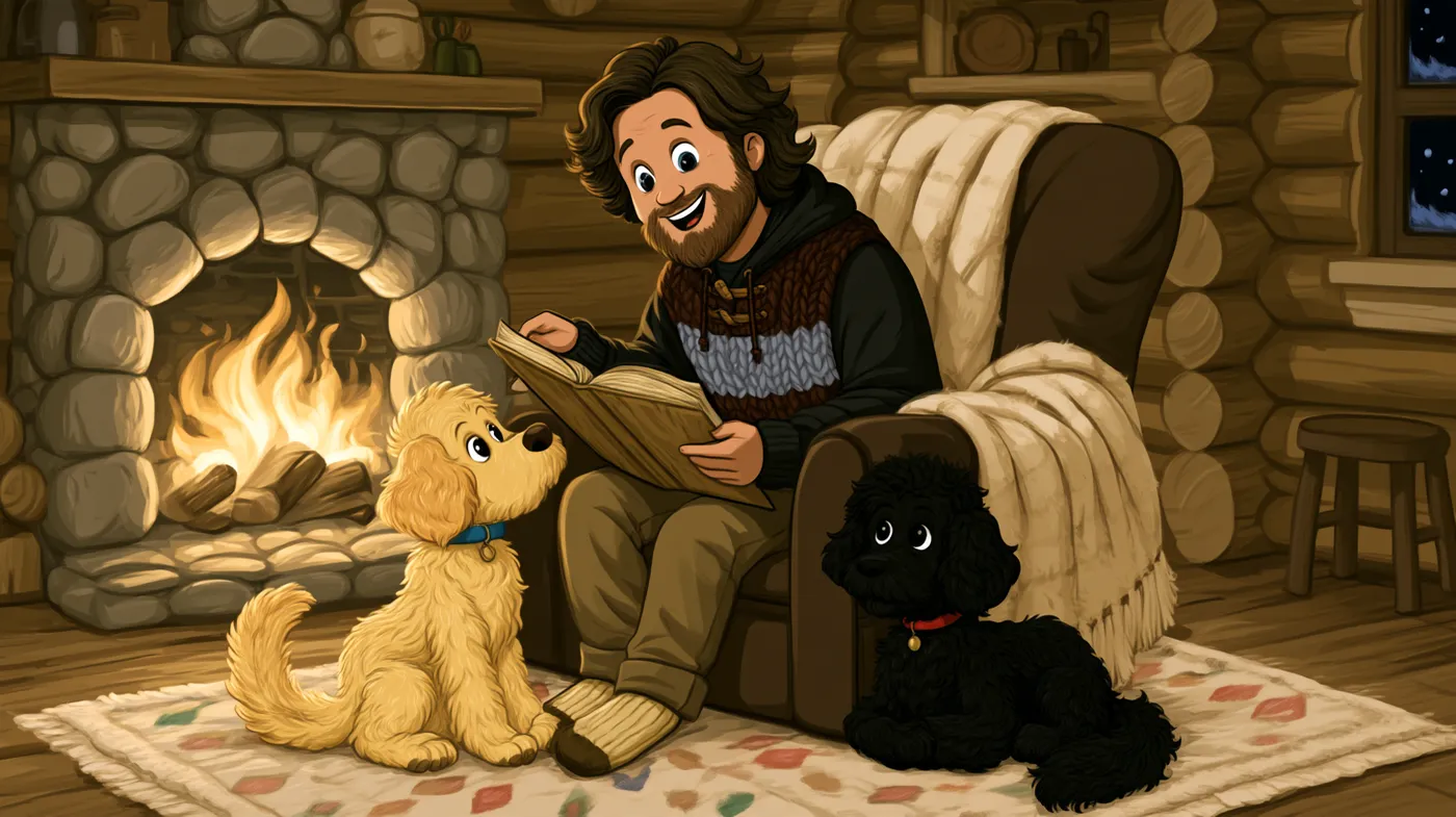 Cartoon of the author reading a book by a cozy fireplace while Wrigley and Turner listen