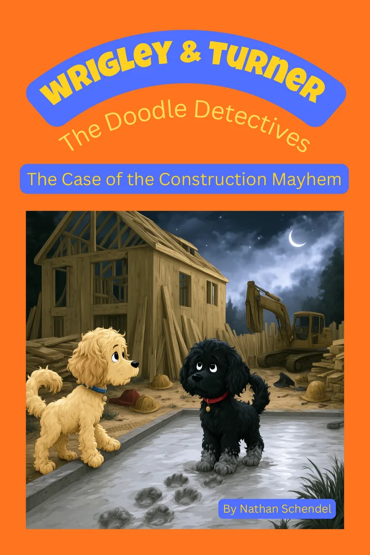 Cover of The Case of the Construction Mayhem, with Wrigley and Turner at a construction site at night