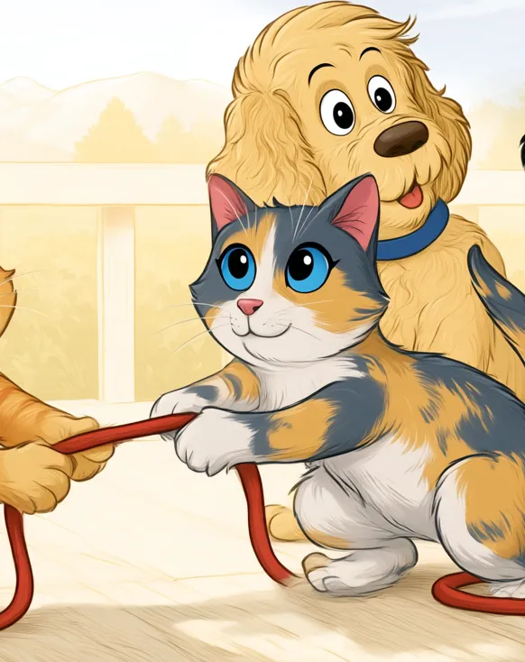 Cartoon Keysa, a calico cat with blue eyes